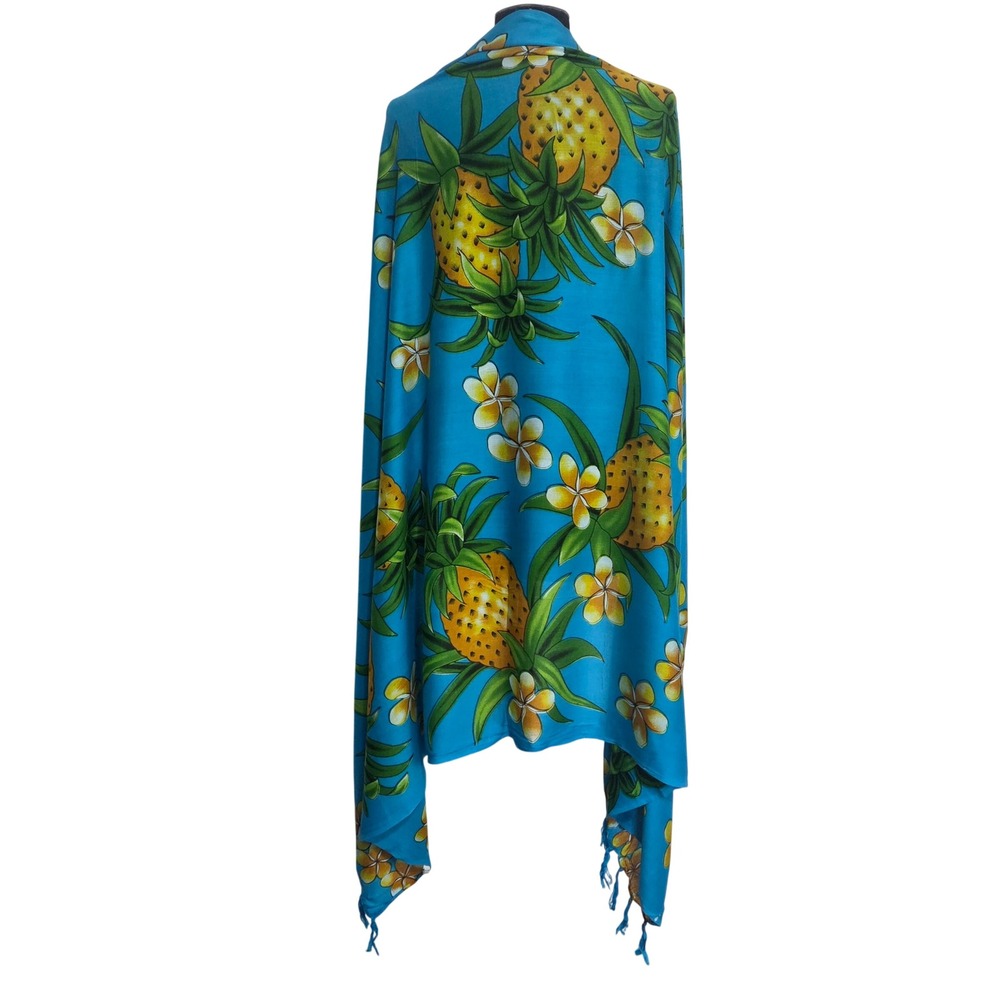 Blue Sarong Beach Wrap Cover-up Tropical Pineapple Plumeria Turquoise 40x64